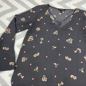 Express | Crisscross Chest Long Sleeve Flare Gray Floral Blouse